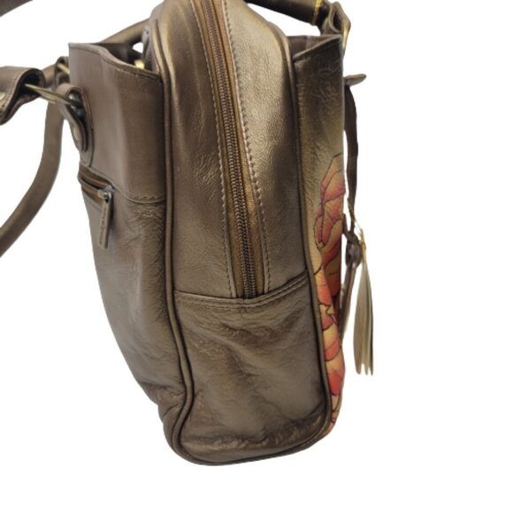 Anuschka Leather Handbag Bronze Gold Handpainted Triple Compartment Handbag - Picture 12 of 16